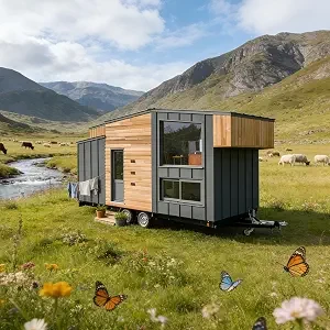 Meadow Shelter Towable Camper Trailer Wheel Cabin, Mobile Haulable Travel Van with Layered Flat Roof for Wildflower Pasture Calm Alpine Valley Weekend Campground Dwelling